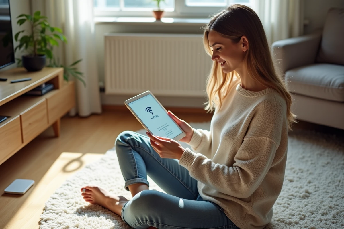 Femme souriante utilisant une tablette pour vérifier le réseau