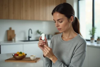 Femme tenant un Apple AirTag entre ses doigts dans une cuisine moderne, examinant l'accessoire de localisation Apple