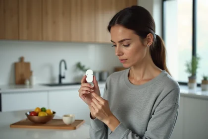 Femme tenant un Apple AirTag entre ses doigts dans une cuisine moderne, examinant l'accessoire de localisation Apple