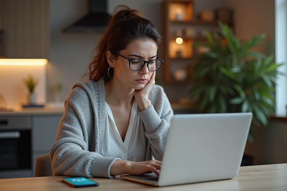 Femme regarde notifications de menace cyber sur ses appareils