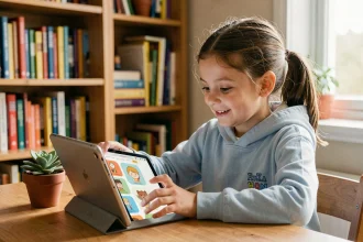Fillette de 10 ans utilisant un navigateur web éducatif sur une tablette à son bureau à la maison