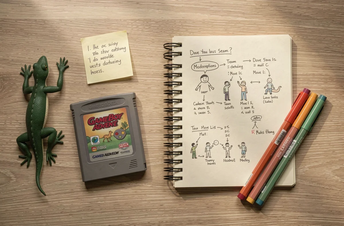 Flat lay d'une cartouche Game Boy Advance avec notes manuscrites et figurine Pokémon pour organiser une partie randomizer Émeraude