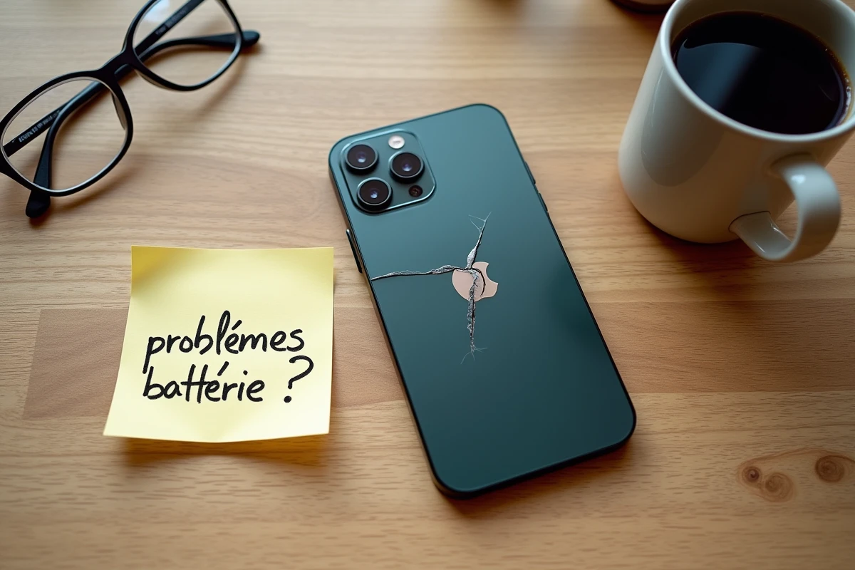 Vue de dessus d'un iPhone 15 avec une note manuscrite sur les problèmes de batterie posé sur une table en bois