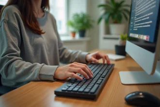 Femme utilisant la méthode des dix doigts sur un clavier d'ordinateur dans un bureau à domicile