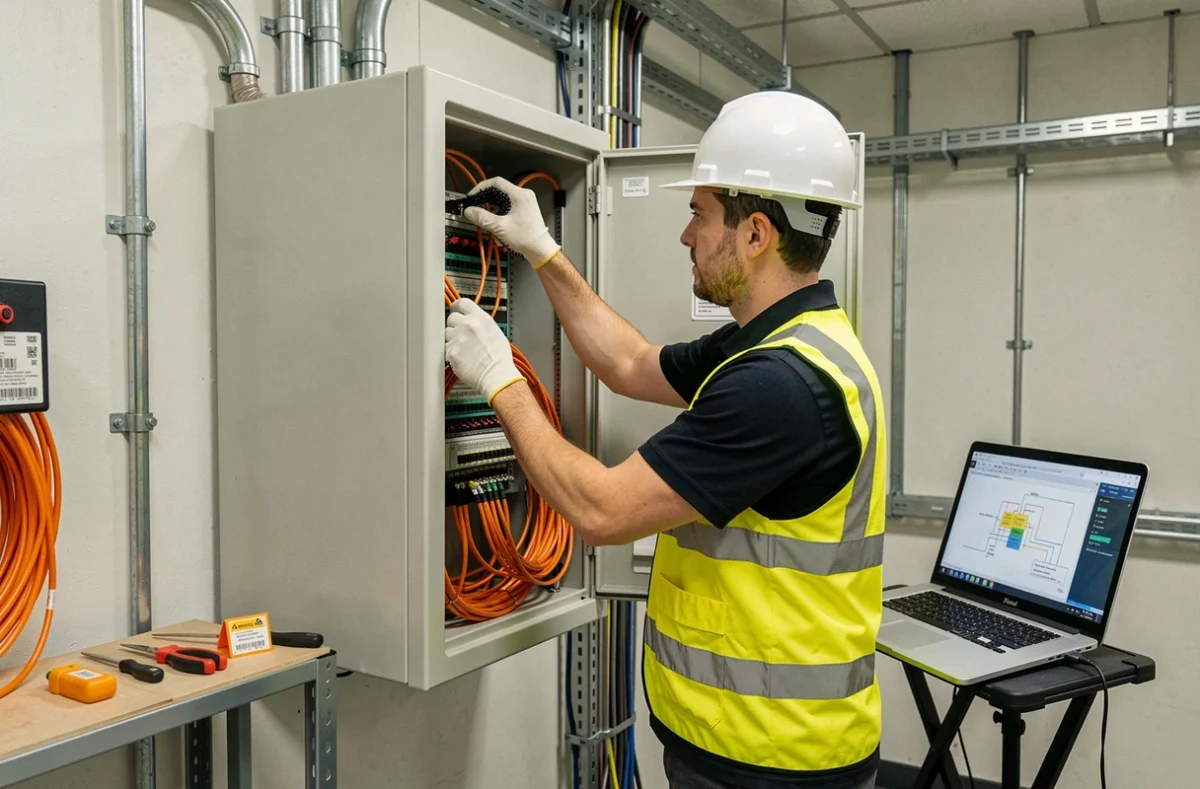 Technicien Free Pro installant des câbles fibre optique dans un local technique commercial