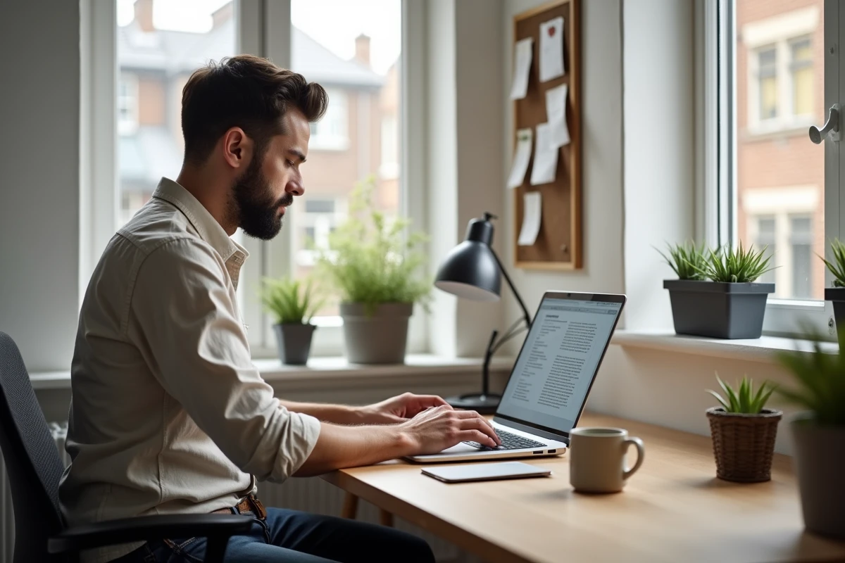 Freelance travaillant avec ChatGPT dans un bureau à domicile minimaliste et moderne