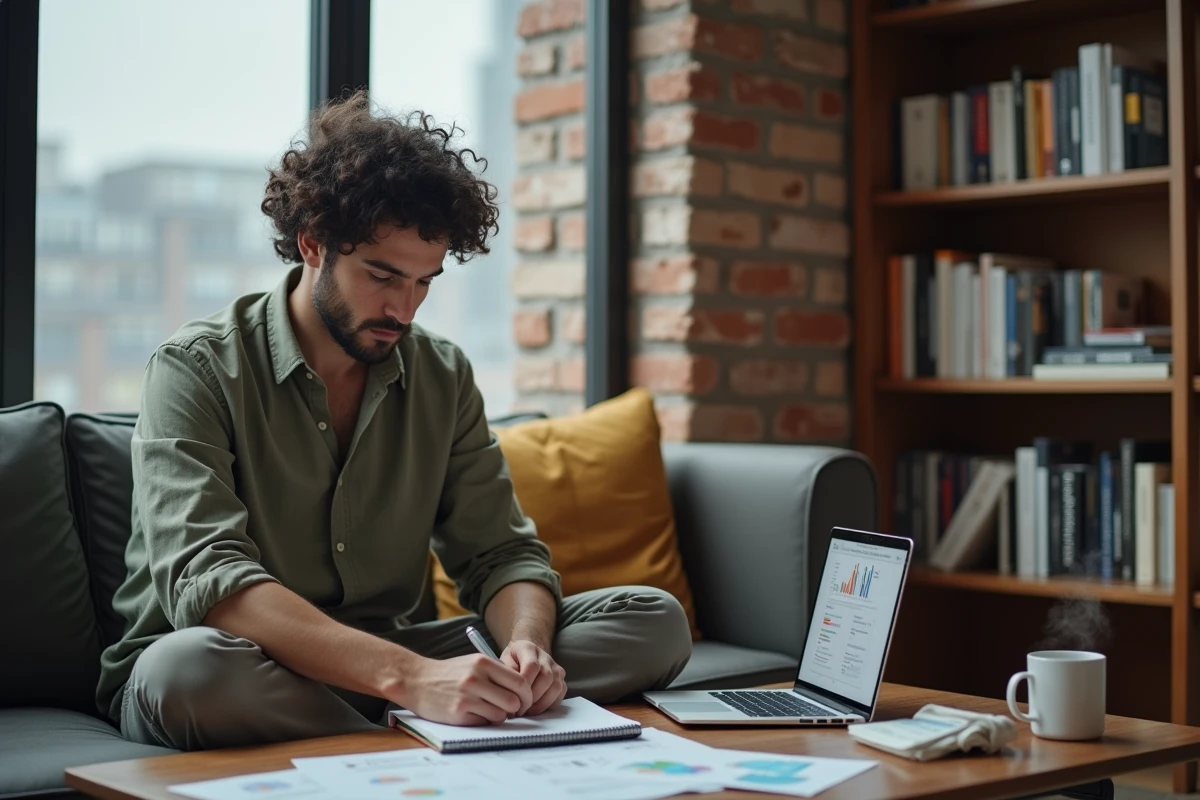 Freelance en référencement travaillant sur un audit SEO depuis son bureau à domicile avec des rapports imprimés et un ordinateur portable