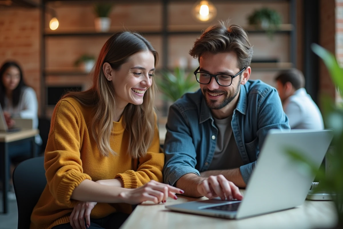 Deux jeunes professionnels freelances collaborant sur ChatGPT dans un espace de coworking créatif