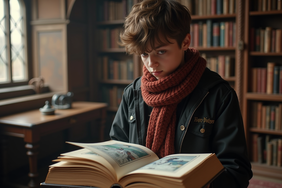 Adolescent dans une bibliothèque magique avec livres anciens