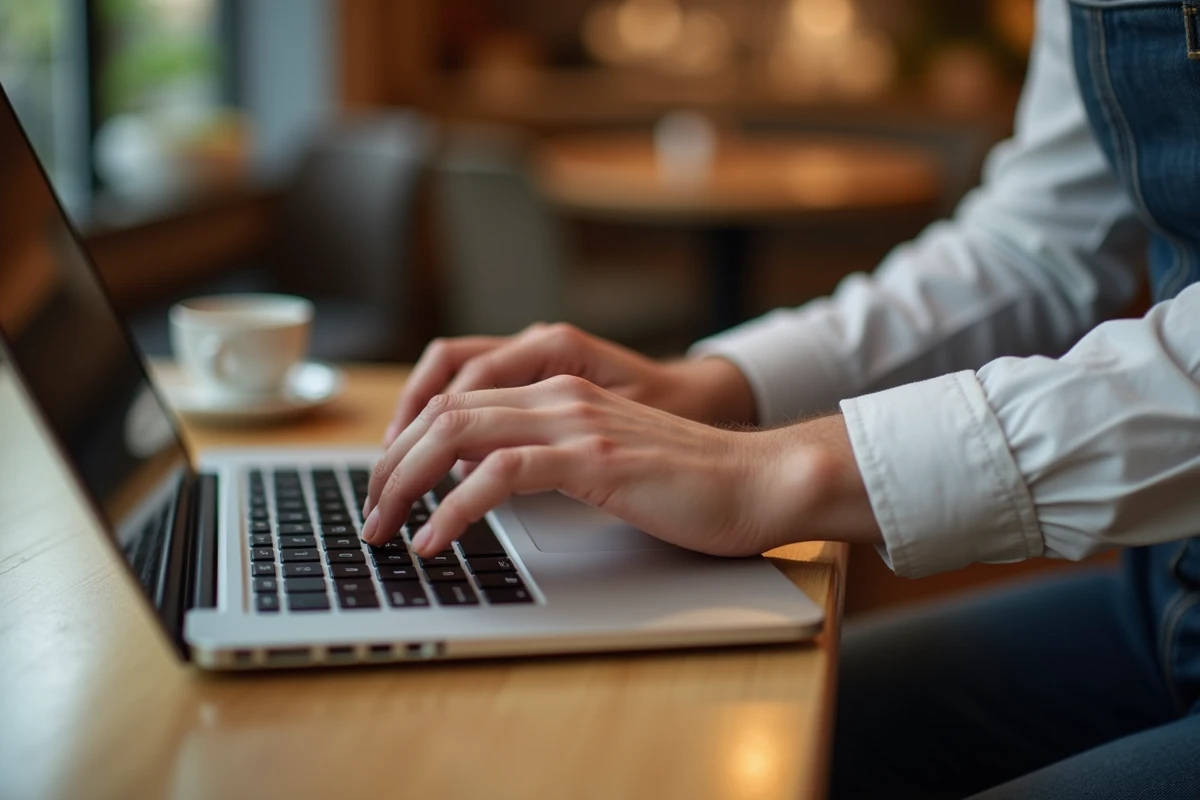 Gros plan sur les mains en position correcte sur un clavier d'ordinateur portable pour la frappe à dix doigts