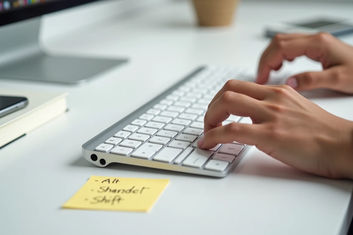 Gros plan de mains appuyant sur un raccourci clavier pour taper le caractère È majuscule avec accent grave