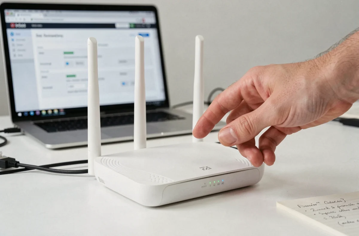 Gros plan sur un routeur Wi-Fi moderne lors d'une configuration réseau avancée pour sécuriser une adresse IP locale