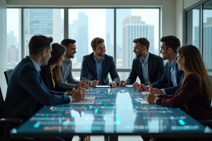 Groupe de professionnels discutant autour d'une tablette en bureau moderne