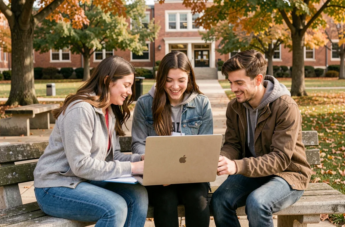 Groupe d'étudiants collaborant sur les démarches administratives en ligne avec eservice UHA sur le campus universitaire