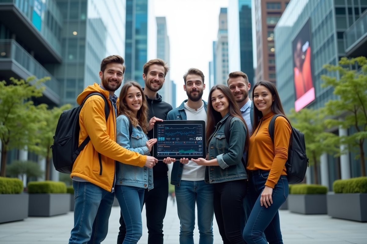Groupe diversifié de jeunes tenant une tablette avec statistiques blockchain