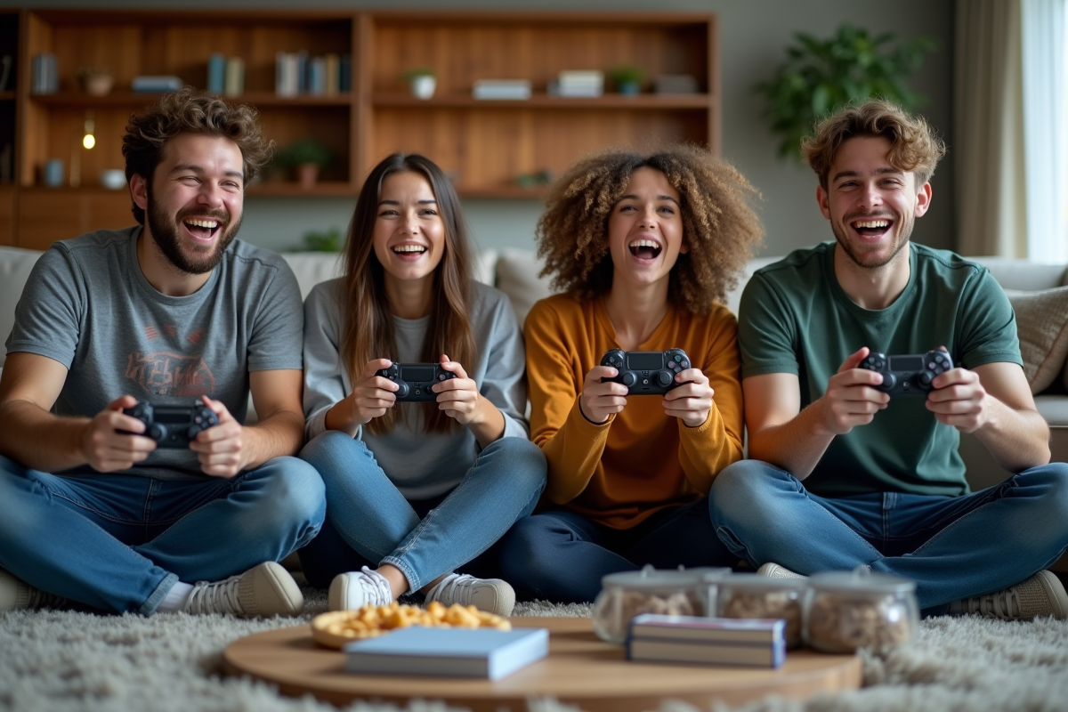 Groupe de jeunes adultes jouant à des jeux vidéo dans un salon