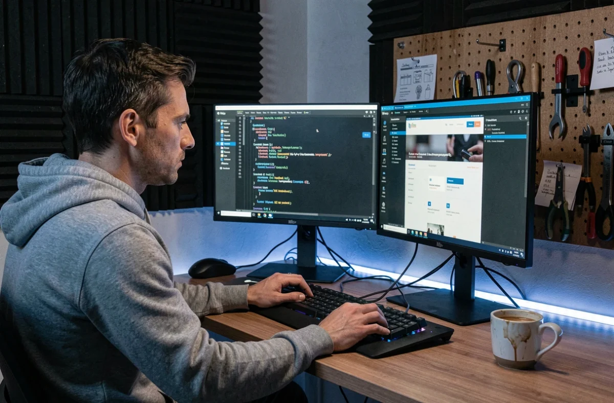 Développeur web de Hkwebproduction concentré sur du code HTML et CSS dans un bureau à domicile avec une ambiance tech sombre