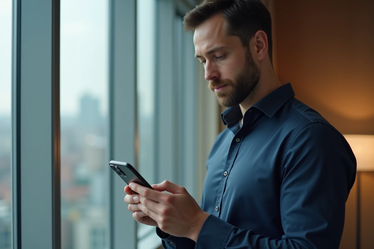 Homme lisant les actualités Apple sur iPhone 15 Pro devant une fenêtre avec vue sur la ville