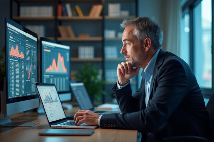 Homme d'affaires concentré analysant des écrans d'ordinateurs