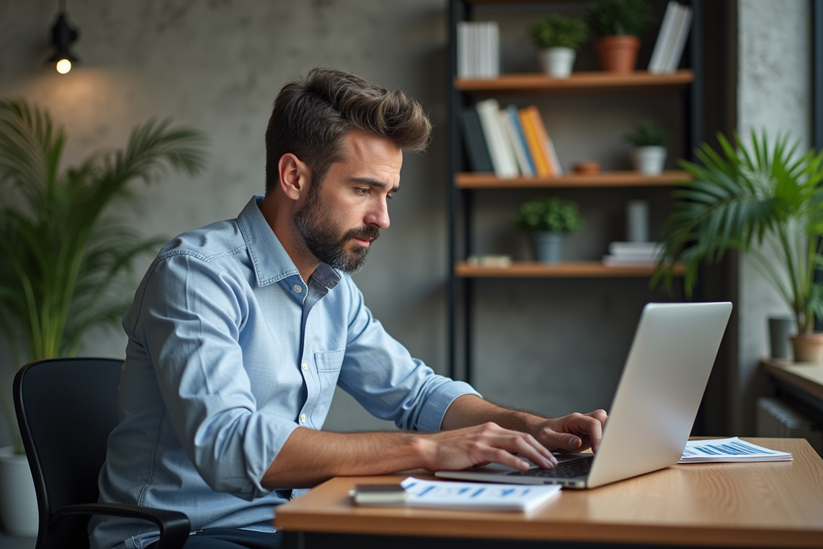 Homme d'âge moyen analysant des graphiques sur un ordinateur au bureau