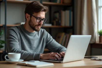 Homme concentr&eacute; travaillant dans un bureau &agrave; domicile
