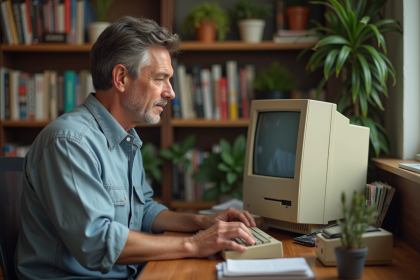 Homme d'âge moyen dans un bureau cosy avec ordinateur CRT