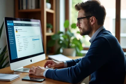 Homme en bureau moderne utilisant son ordinateur pour la gestion Freebox