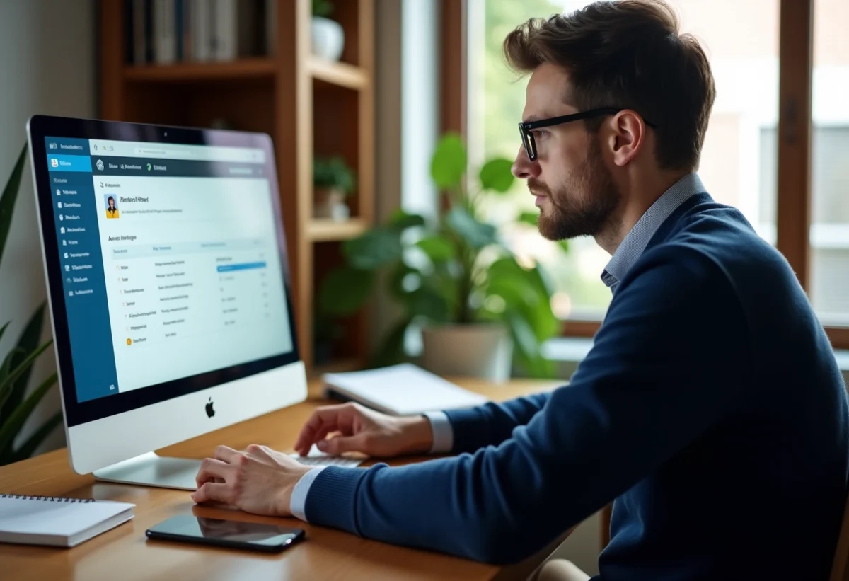 Homme en bureau moderne utilisant son ordinateur pour la gestion Freebox