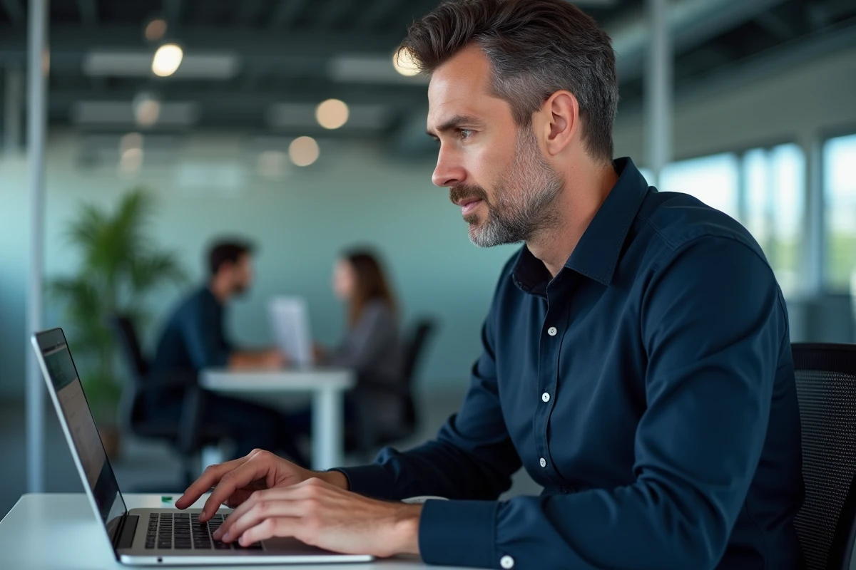 Homme en bureau open-space montrant un raccourci clavier pour saisir la lettre È majuscule sur ordinateur portable