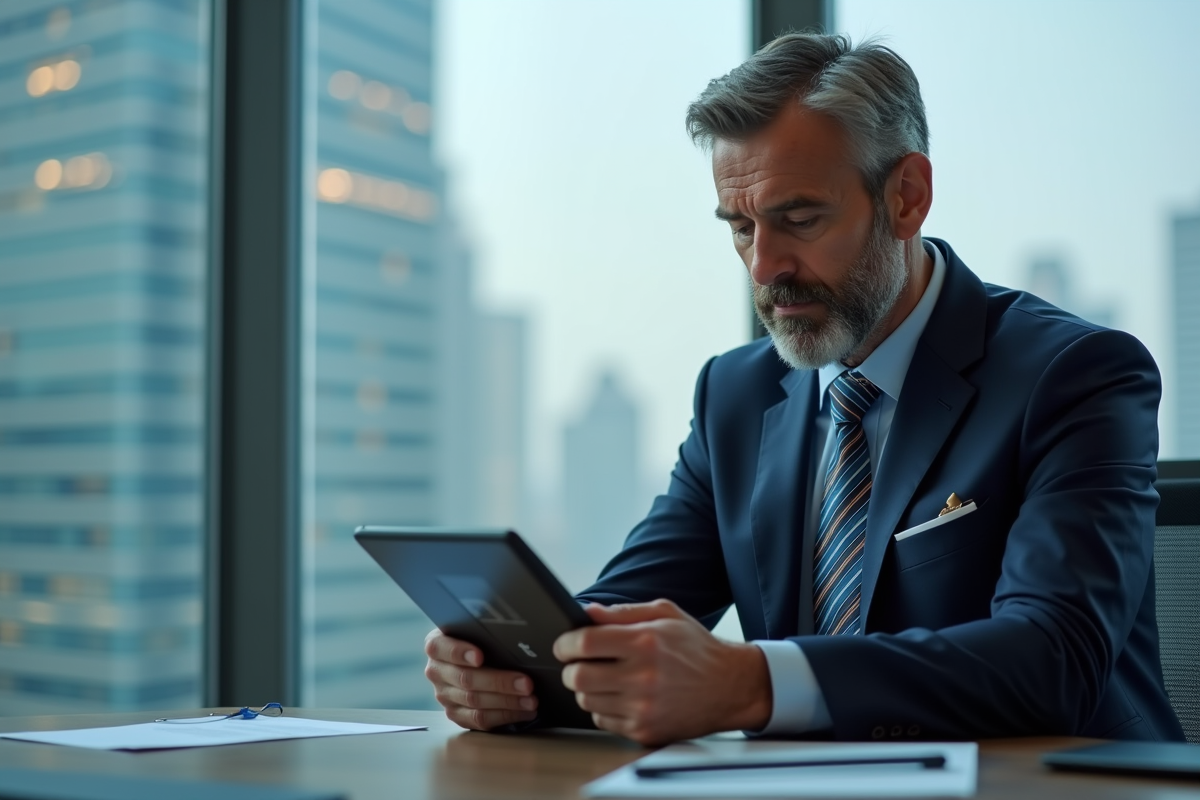 Homme d affaires utilisant une tablette avec VPN dans un bureau moderne