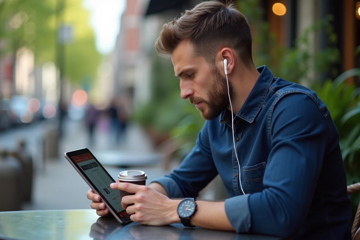 Jeune homme au caf&eacute; regardant son tablet en ext&eacute;rieur