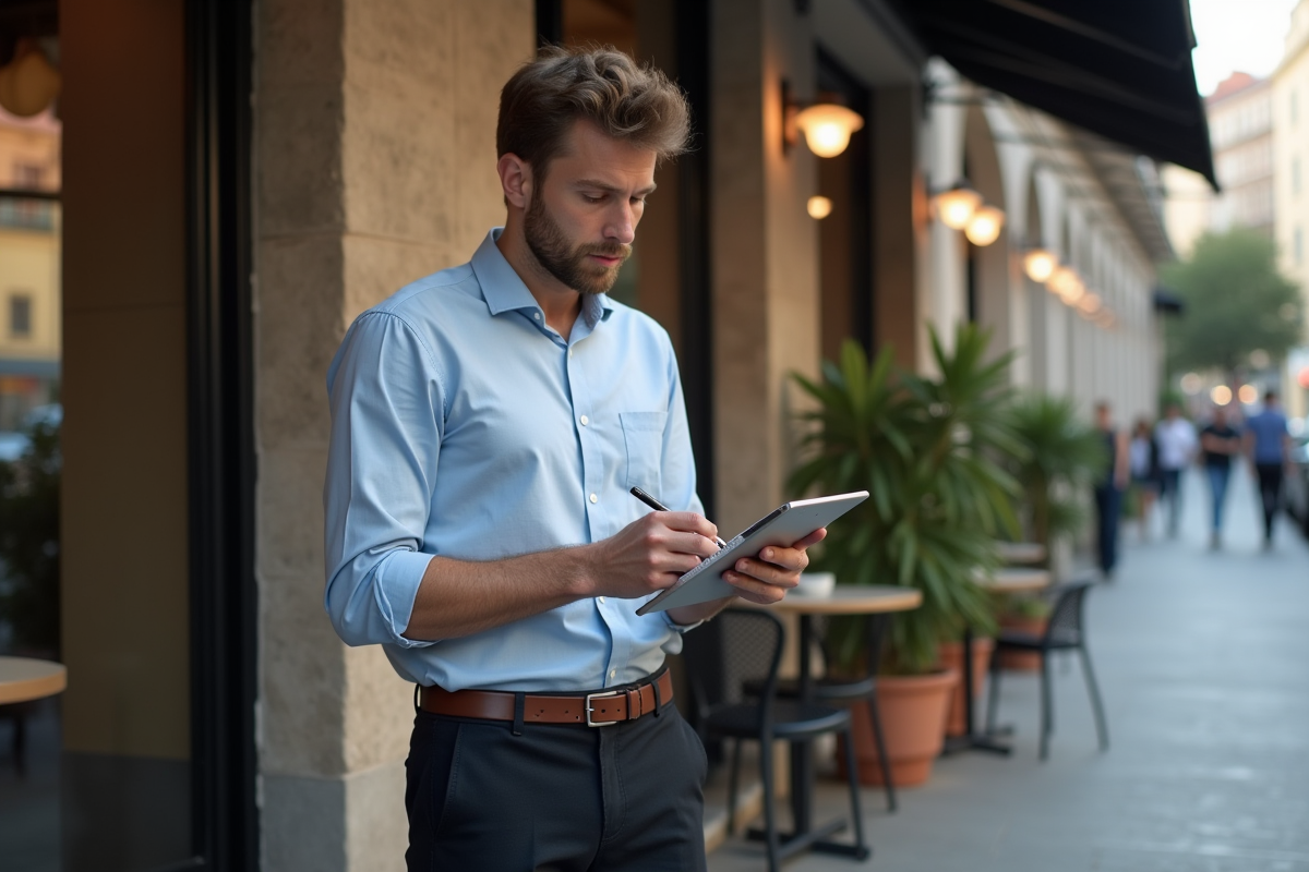 Jeune homme dehors au cafe prenant des notes avec une tablette