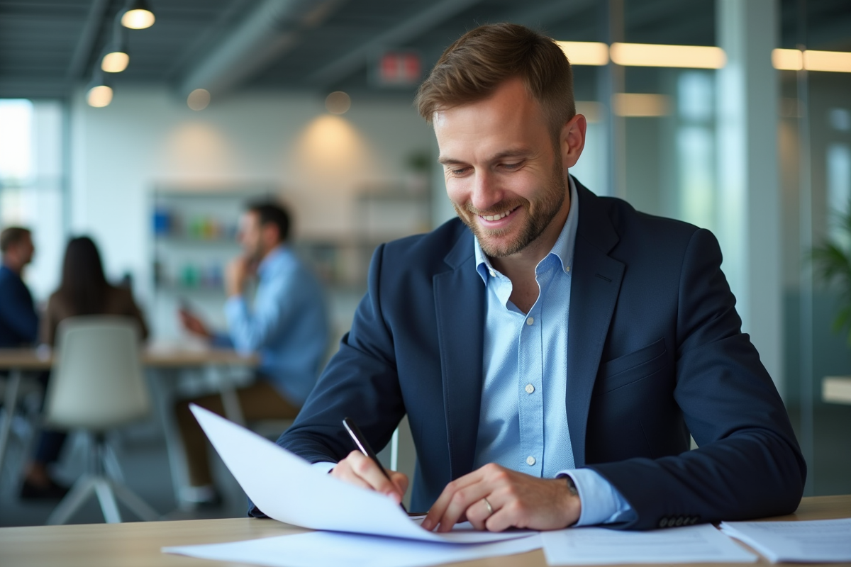 Homme en costume certifiant des documents de securite informatique