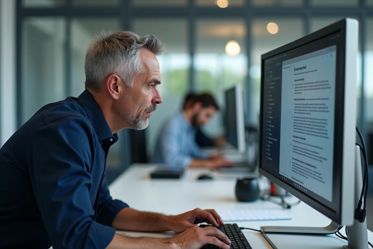 Homme en bureau utilisant un clavier mécanique pour insérer un È majuscule dans un document texte en français