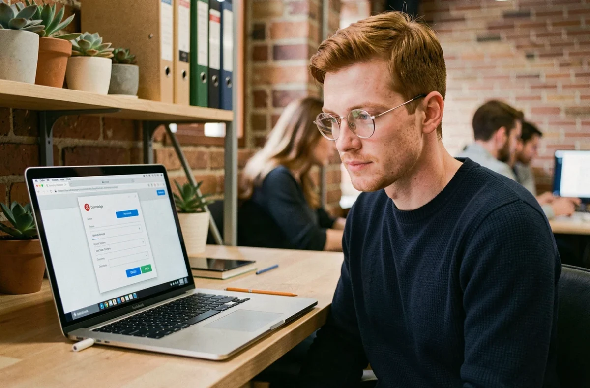 Homme en pull marine convertissant un fichier ODT en DOCX sur un ordinateur portable dans un espace de co-working