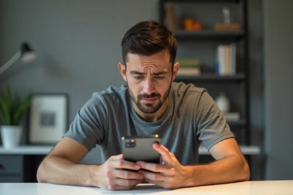 Homme tenant un iPhone 15 et examinant son écran d'un air critique à un bureau minimaliste blanc