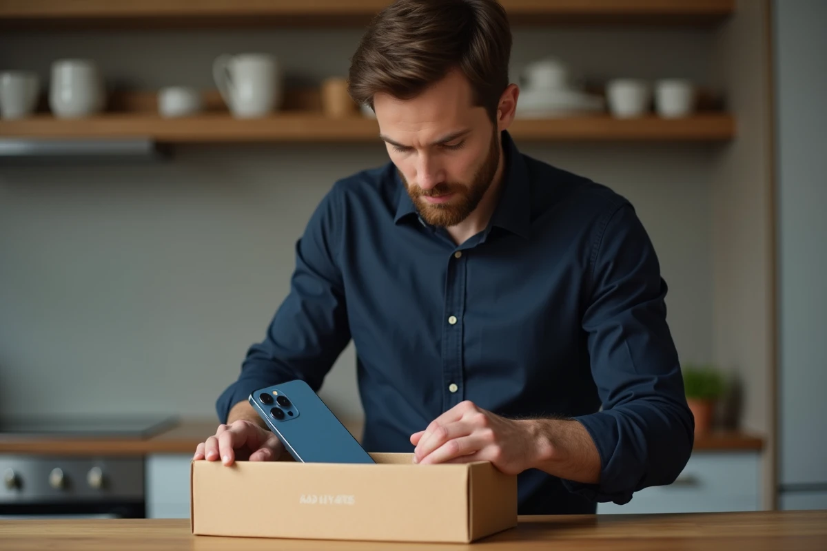 Homme déballant un iPhone 12 Pro reconditionné dans une cuisine contemporaine