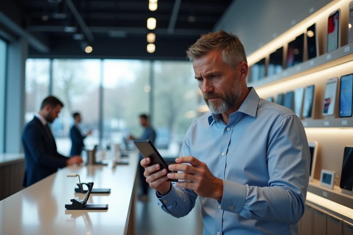 Homme remettant son smartphone au magasin d
