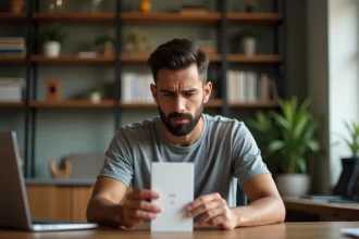 Homme scrutant une boîte d'iPhone 14 avec méfiance, repérant une fausse promotion sur l'emballage dans un bureau à domicile