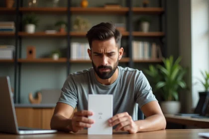 Homme scrutant une boîte d'iPhone 14 avec méfiance, repérant une fausse promotion sur l'emballage dans un bureau à domicile