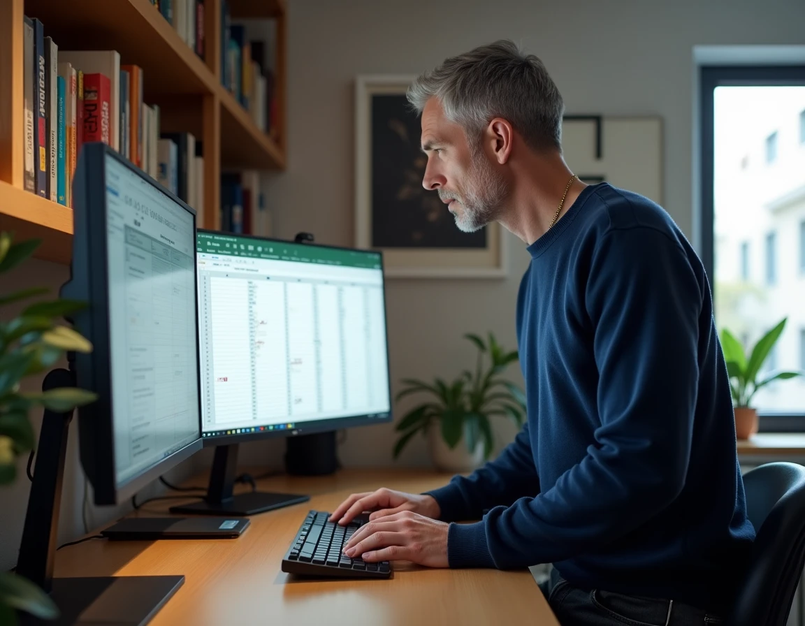 Homme utilisant la fonction transposer dans Excel depuis son bureau à domicile