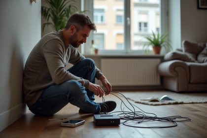 Homme d'&acirc;ge moyen examinant des c&acirc;bles fibre optique dans son salon