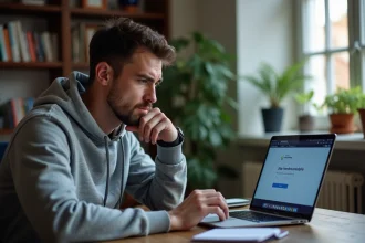 Homme frustré devant un message d'erreur de site introuvable sur son ordinateur portable à son bureau à domicile