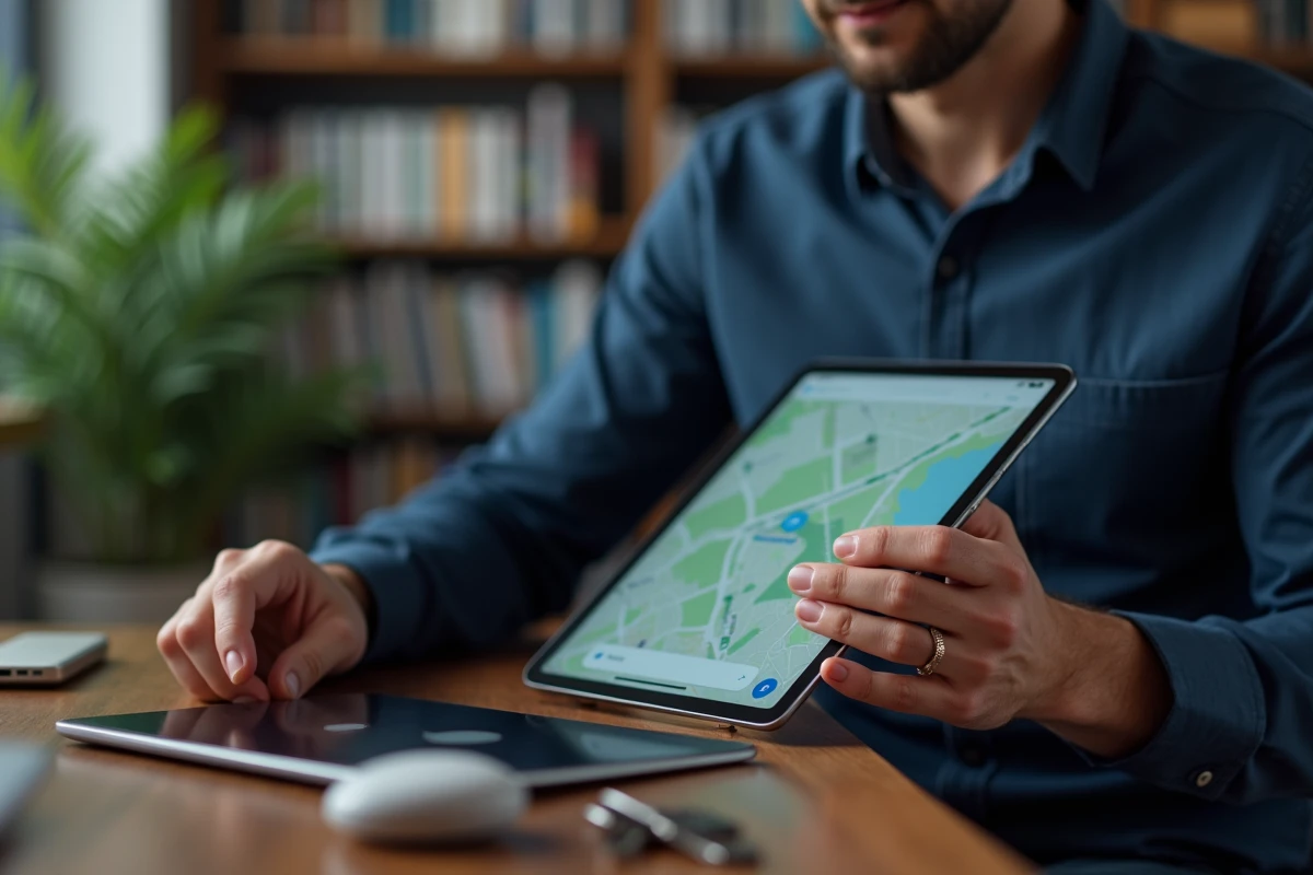 Homme utilisant un iPad ancienne génération avec un AirTag posé sur un bureau en bois à côté de clés