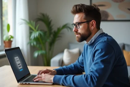Homme en sweater bleu utilisant un laptop dans un salon lumineux