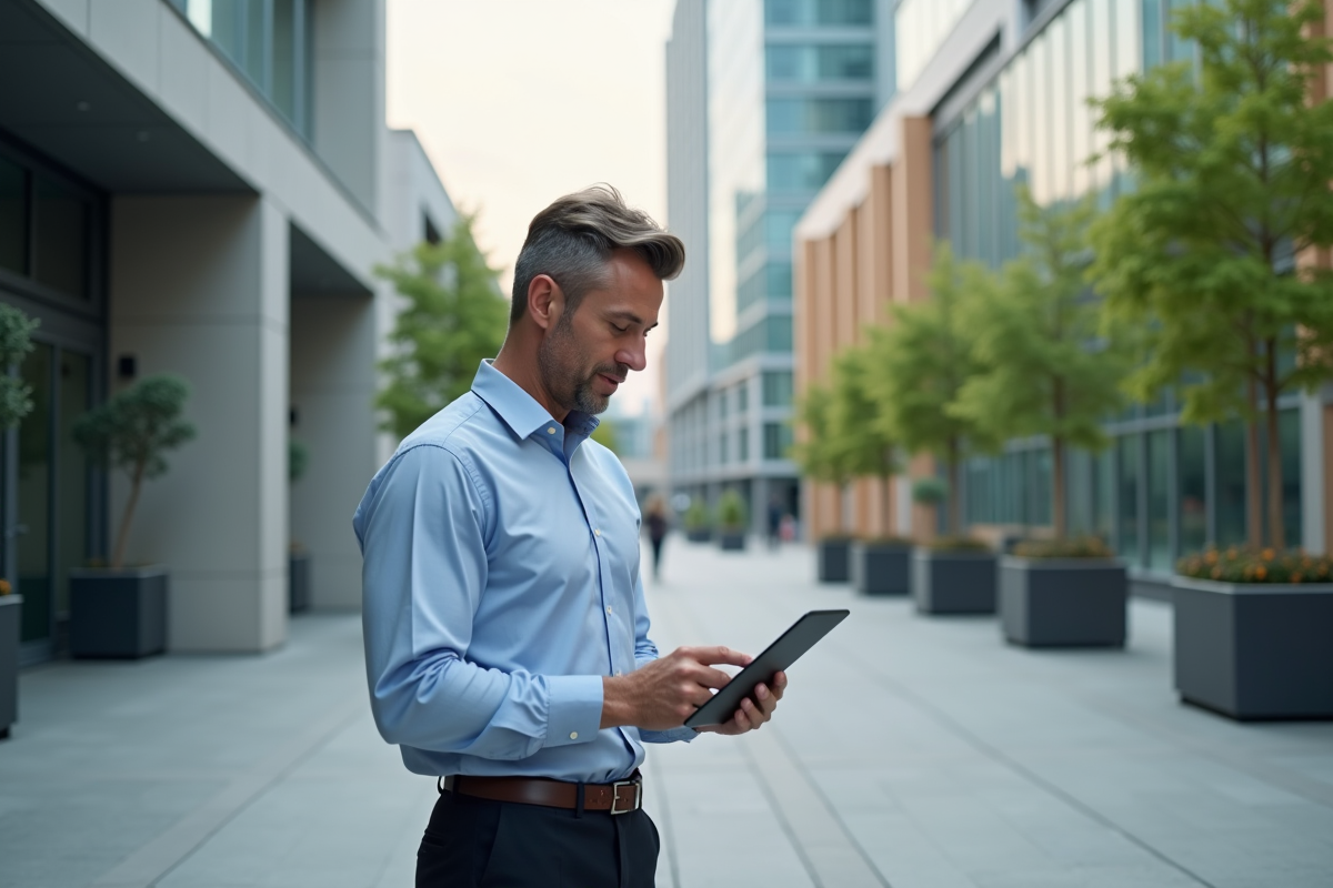 Homme marketing analysant des publicités AI dans un espace urbain