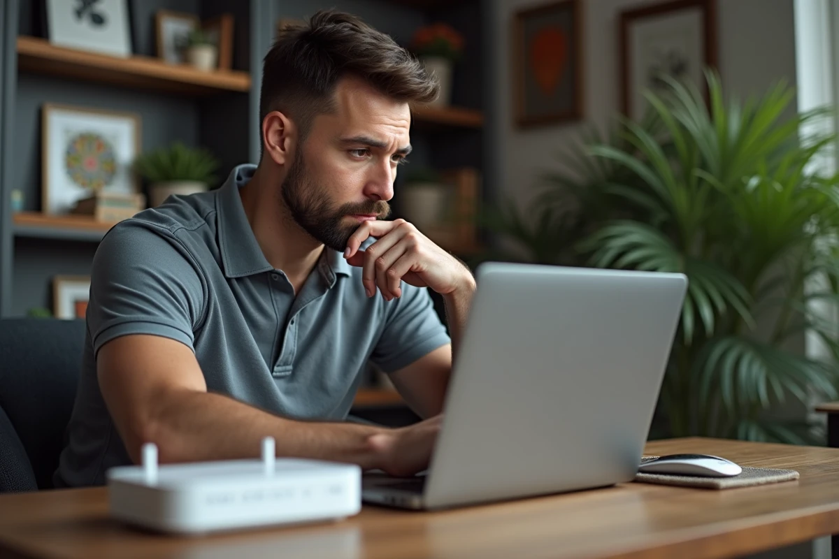Homme en bureau connecté avec routeur et ordinateur