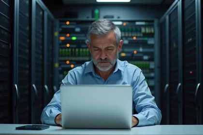 Homme d'affaires concentr&eacute; sur son ordinateur dans un serveur