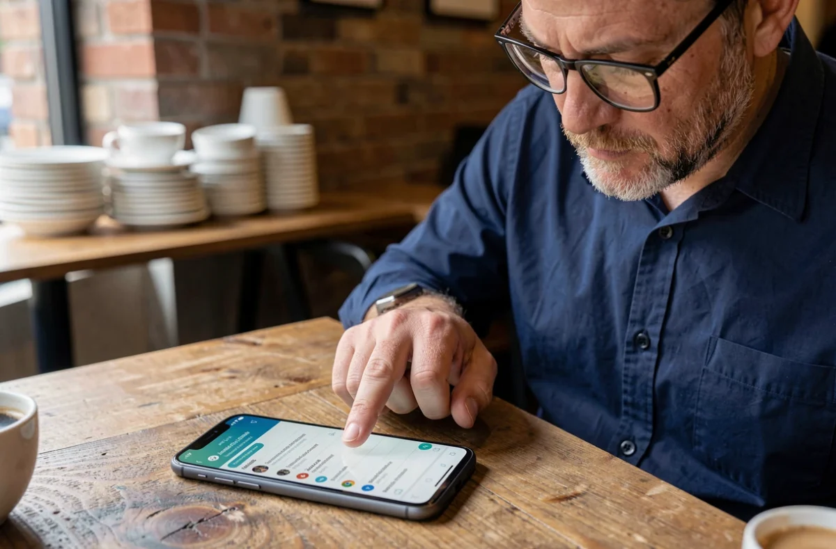 Homme consultant le presse-papier de son téléphone Android dans un café urbain moderne