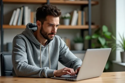 Homme utilisant un moteur de recherche sur laptop dans un bureau à domicile sans VPN payant